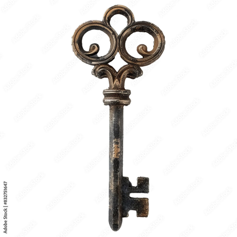 Intricate antique key with elaborate design, isolated on a grey textile backdrop Intricate antique key with elaborate design, isolated on a grey textile backdrop