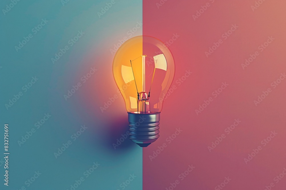 Illuminated light bulb on blue wall Illuminated light bulb on blue wall