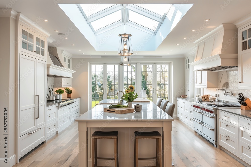 Bright kitchen with skylights and a large central island. Bright kitchen with skylights and a large central island.