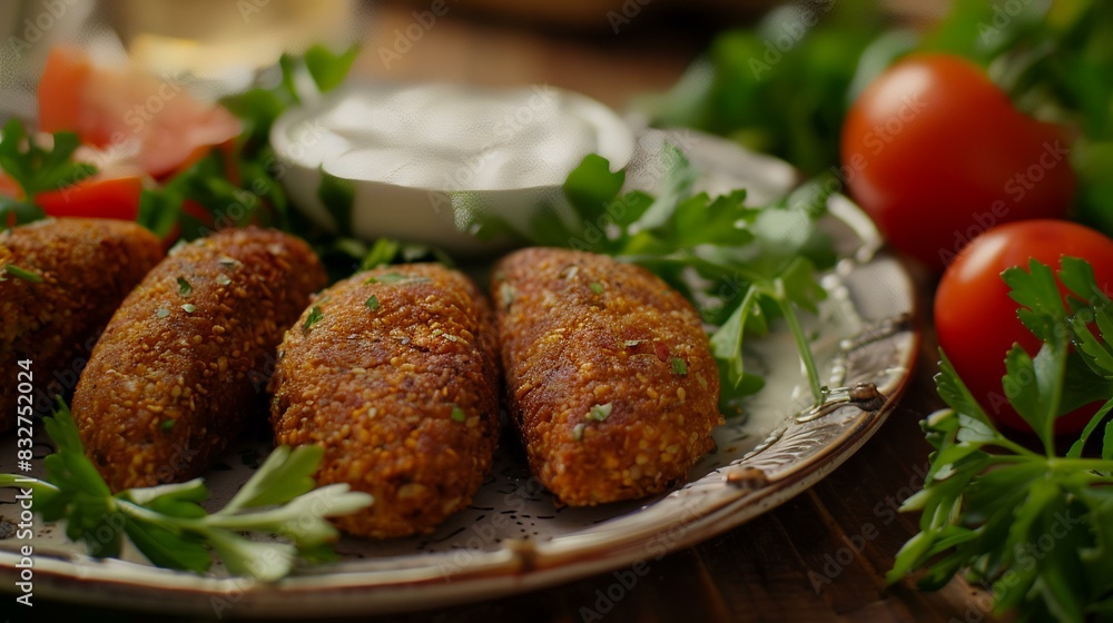 Lebanese kibbeh with yogurt sauce and fresh parsley Lebanese kibbeh with yogurt sauce and fresh parsley