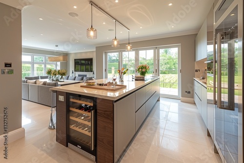 Contemporary kitchen featuring a large central island with a built-in wine cooler.