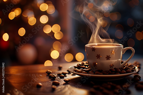 Steaming Coffee Cup with Coffee Beans and Bokeh