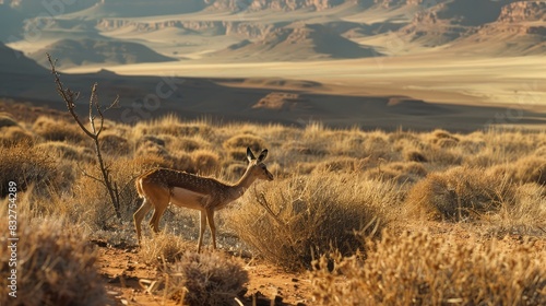 A pet animal feeds on the scarce vegetation in the arid sun drenched terrain photo