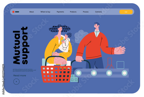 Mutual Support: Skip ahead in line -modern flat vector concept illustration of man letting woman with child go ahead in shop checkout line A metaphor of voluntary, collaborative exchanges of services