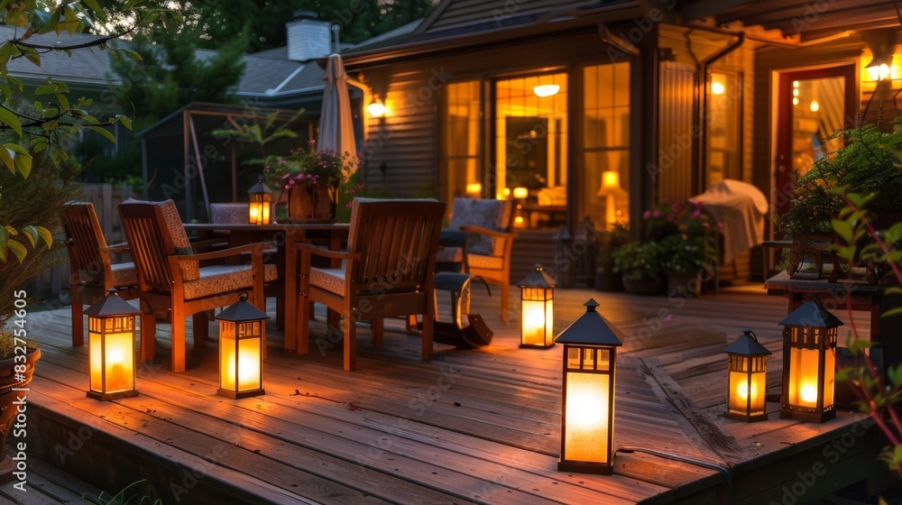 A cozy backyard deck featuring solar lanterns of varying sizes and designs. A cozy backyard deck featuring solar lanterns of varying sizes and designs.
