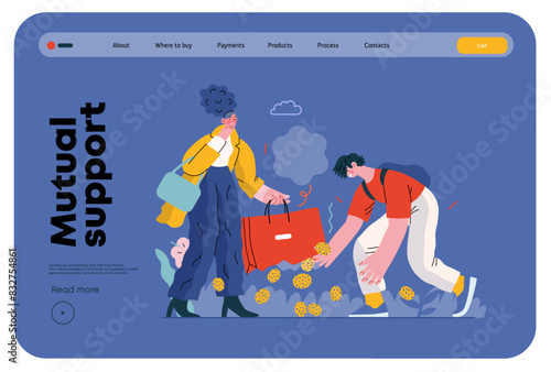 Mutual Support: Pick up fallen item -modern flat vector concept illustration of man collecting fruits that fell from woman's bag A metaphor of voluntary, collaborative exchanges of resource, services