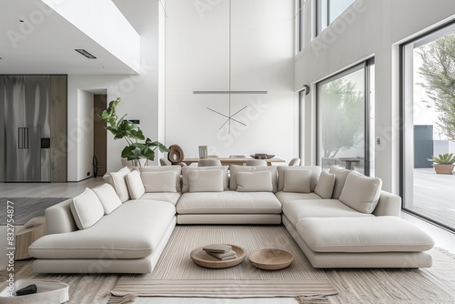 Modern living room with a large sectional sofa and minimalist decor.