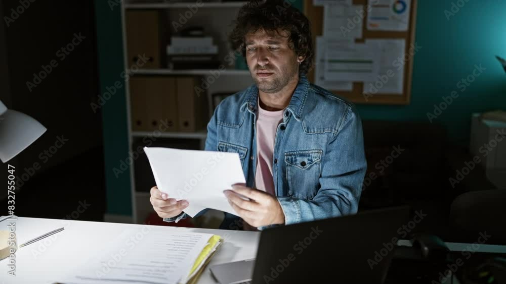 A stressed young hispanic man reviews documents late at night in a dimly lit office, conveying a sense of urgency and hard work. A stressed young hispanic man reviews documents late at night in a dimly lit office, conveying a sense of urgency and hard work.