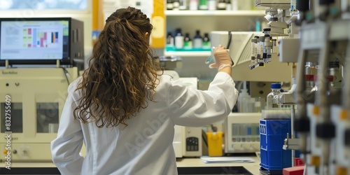 Researcher in the lab, back view, adjusting settings on a laboratory instrument, hightech lab environment