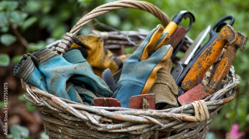 A basket filled with an assortment of gloves pruning shears and dirtstained knee pads. photo