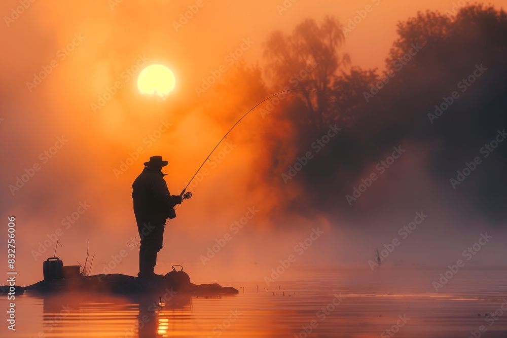 Fisher at Foggy Sunrise Fishing Landscape