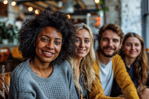 Diverse Group of Friends Smiling Together in Cozy Cafe