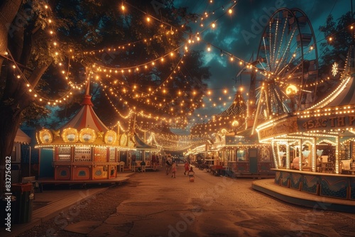 Summer park with amusement rides. People relaxing at the summer armarka . Entertainment in the city parka