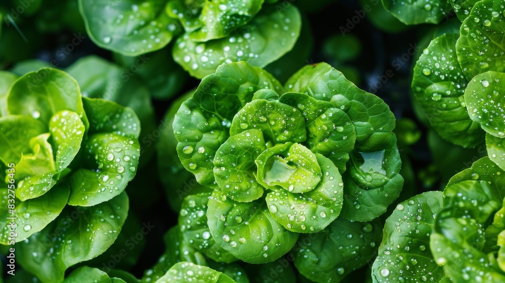 A closeup of floating lettuce heads thriving in a hydroponic system. A closeup of floating lettuce heads thriving in a hydroponic system.