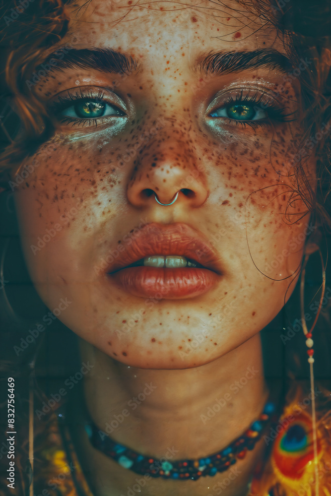 Close-Up Portrait of a Young Woman with Freckles and Nose Ring Close-Up Portrait of a Young Woman with Freckles and Nose Ring