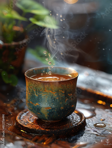 A close-up of a steaming cup with droplets suspended in mid-air, set in a cozy environment with a warm, inviting atmosphere..