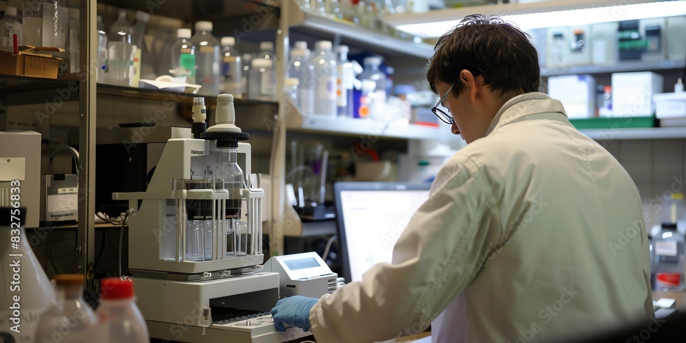 Obraz premium Researcher in the lab, back view, performing a titration experiment, modern lab instruments visible