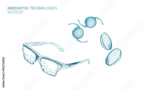  Glasses and Intraocular lenses 3D low poly concept. Healthcare eye vision care medicine surgery. Isolated eyewear correction. Ad marketing template vector illustration