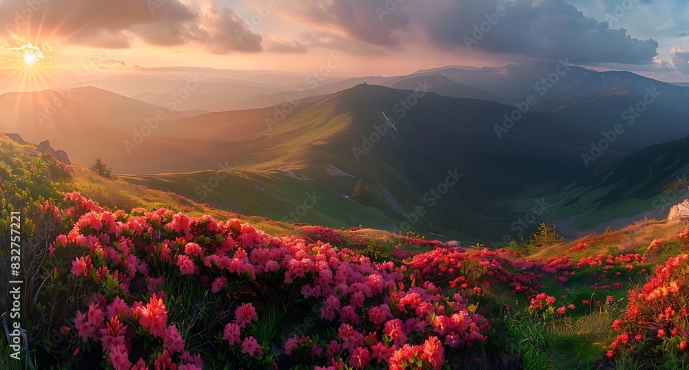 Fototapeta premium A panoramic view of the Carpathian Mountains at sunrise, with colorful rhodendron flowers blooming on grassy hills