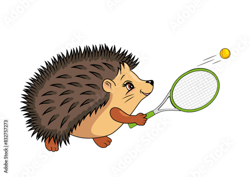 Happy hedgehog plays tennis