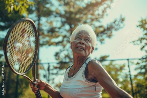 Elderly African-American woman actively playing tennis, focused and swinging a racquet, outdoors with trees in the background. © evgenia_lo