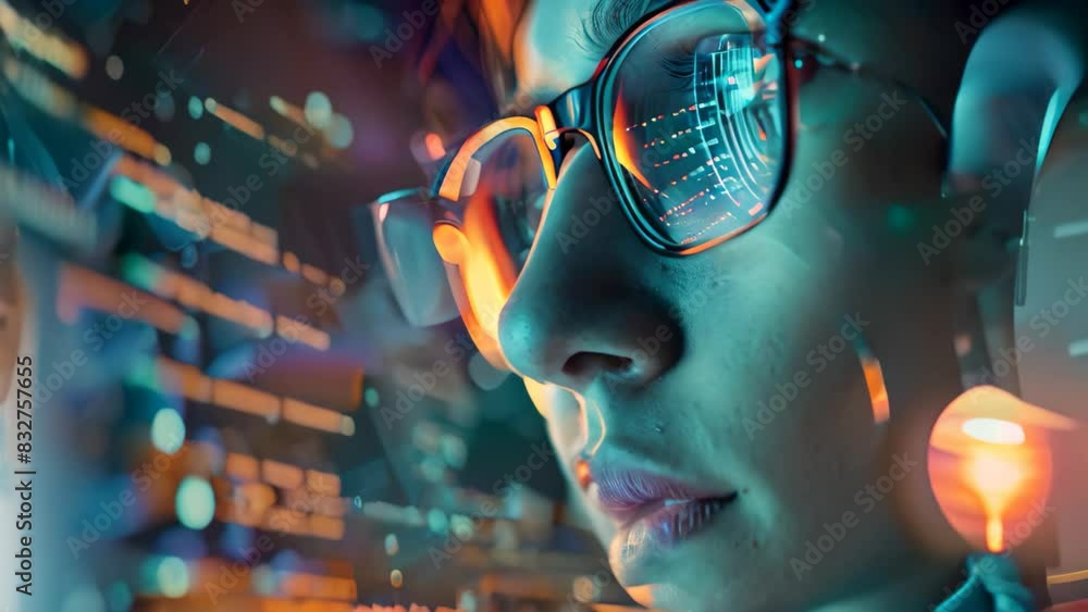 Man with glasses focused on computer screen, A person wearing glasses and staring intently at a computer screen filled with intricate data patterns Man with glasses focused on computer screen, A person wearing glasses and staring intently at a computer screen filled with intricate data patterns