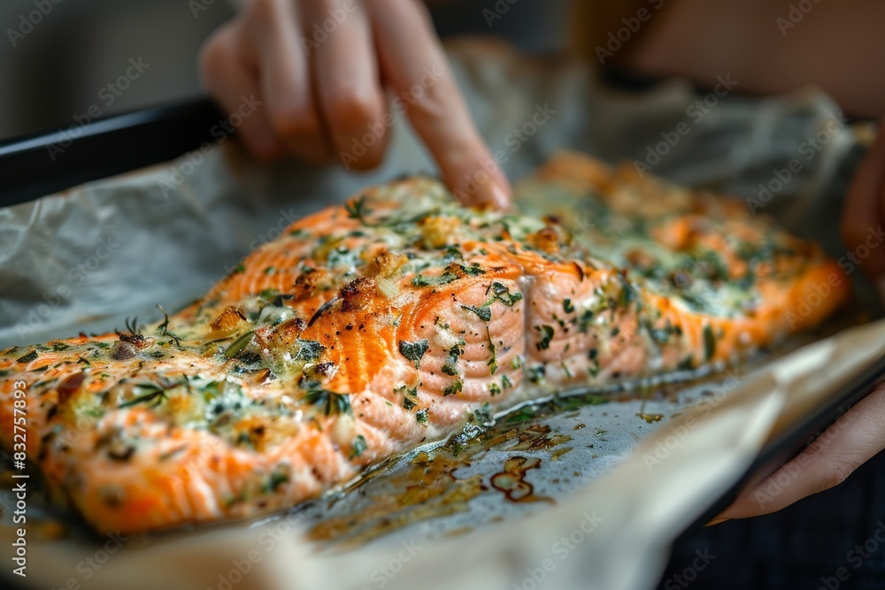 Woman removing a delectably cooked salmon dish from the oven for a mouth watering meal Woman removing a delectably cooked salmon dish from the oven for a mouth watering meal