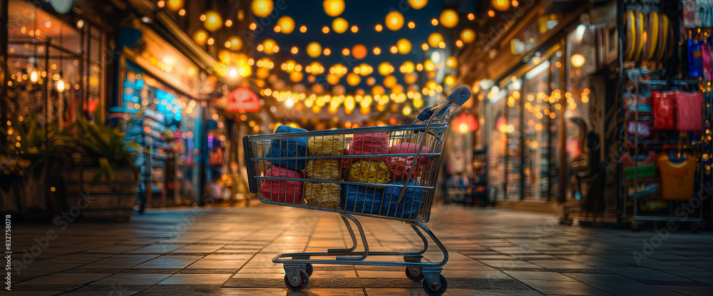 Shopping cart filled with gifts in festive market Shopping cart filled with gifts in festive market