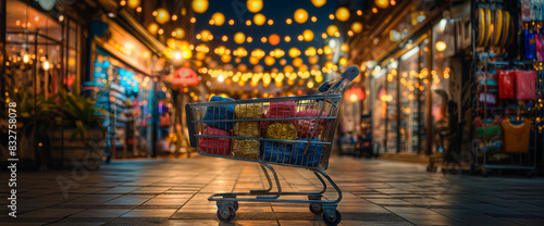 Shopping cart filled with gifts in festive market © gearstd