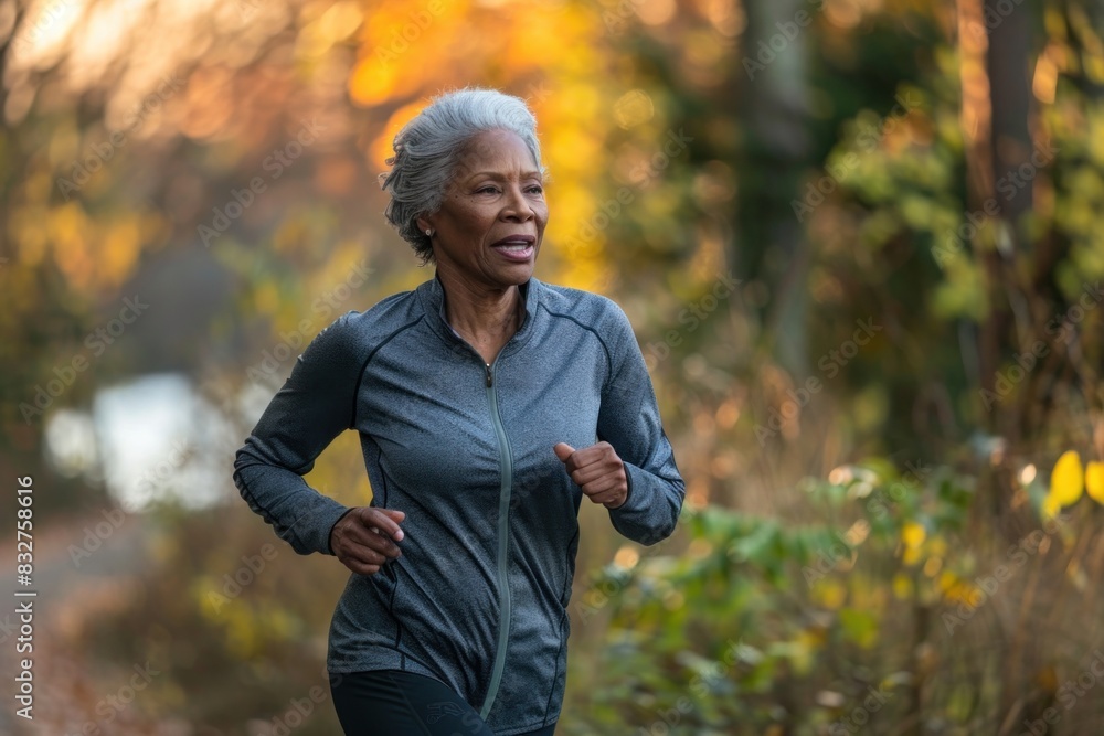 Elderly African-American woman jogging in a scenic autumn setting, wearing a black athletic outfit, fit and energetic. Elderly African-American woman jogging in a scenic autumn setting, wearing a black athletic outfit, fit and energetic.