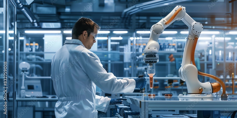 Scientist in the lab, back view, working with a centrifuge, hightech lab apparatus visible Scientist in the lab, back view, working with a centrifuge, hightech lab apparatus visible
