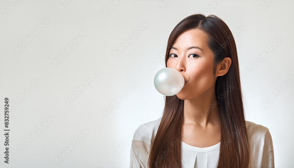 Asian woman blowing gum; white background, space for text Asian woman blowing gum; white background, space for text