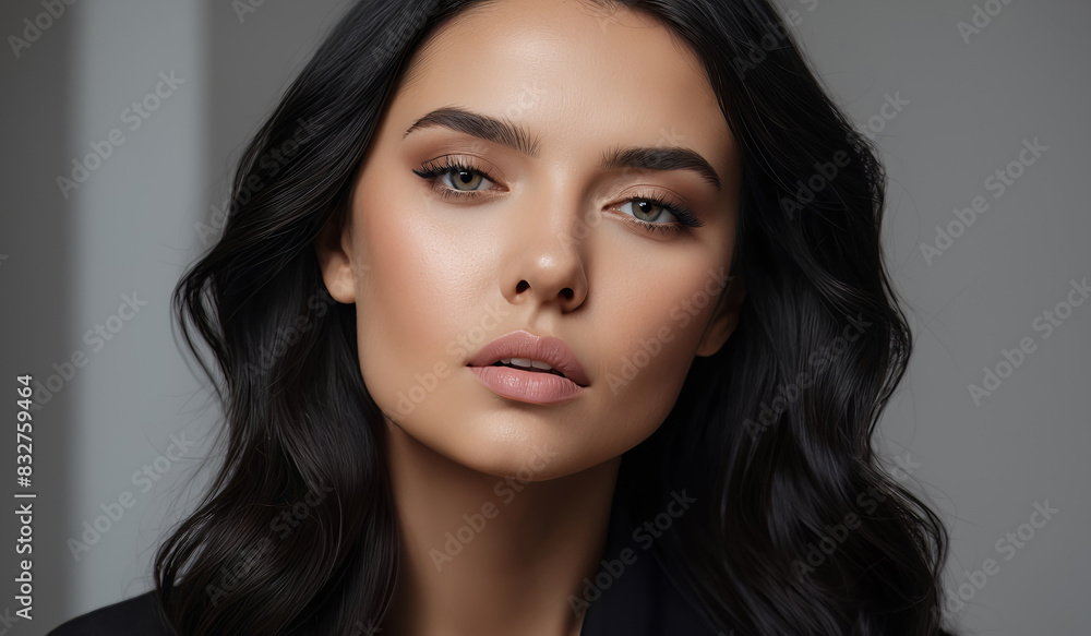Naklejka premium A gorgeous black-haired, slightly smiling young woman