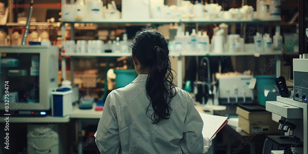 Scientist in the lab, back view, documenting experimental procedures, advanced lab tools nearby Scientist in the lab, back view, documenting experimental procedures, advanced lab tools nearby
