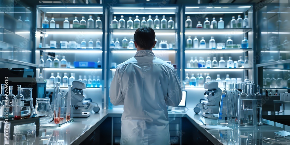 Scientist in the lab, back view, working with a centrifuge, hightech lab apparatus visible Scientist in the lab, back view, working with a centrifuge, hightech lab apparatus visible