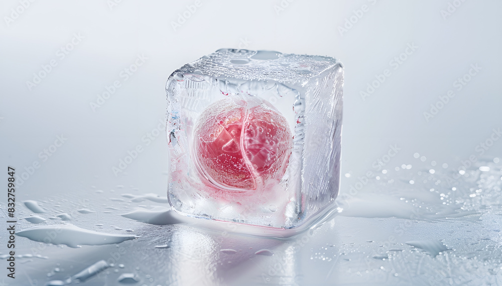 Cryopreservation of genetic material. Ovum in ice cube on white background Cryopreservation of genetic material. Ovum in ice cube on white background