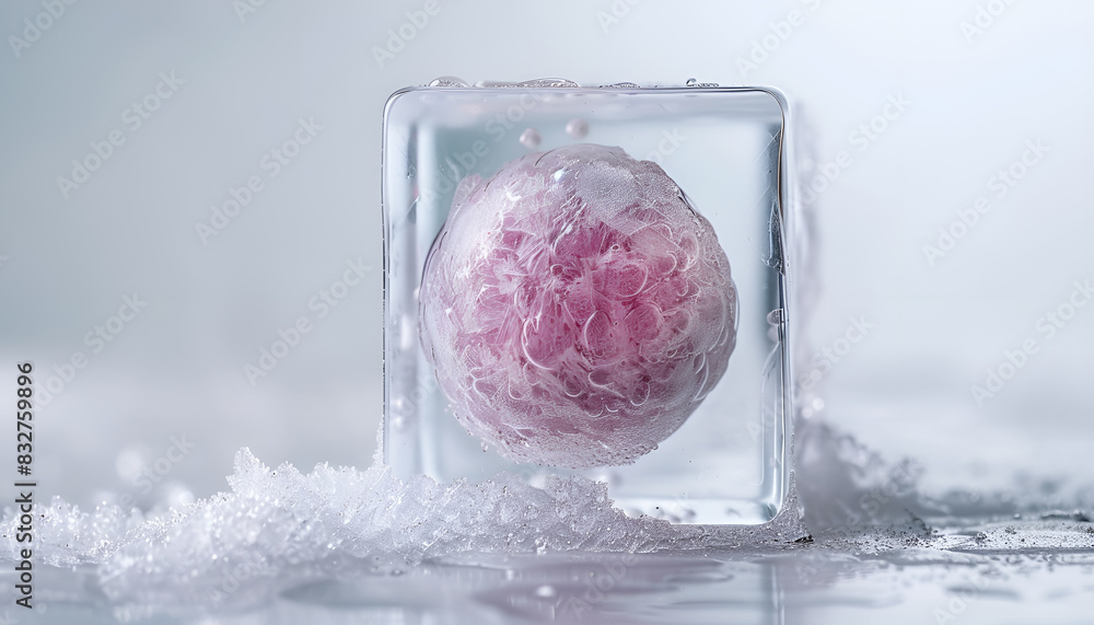 Cryopreservation of genetic material. Ovum in ice cube on white background Cryopreservation of genetic material. Ovum in ice cube on white background