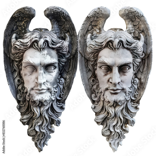 Symmetrical twin satyr face sculptures with intricate details on a grey grid background photo