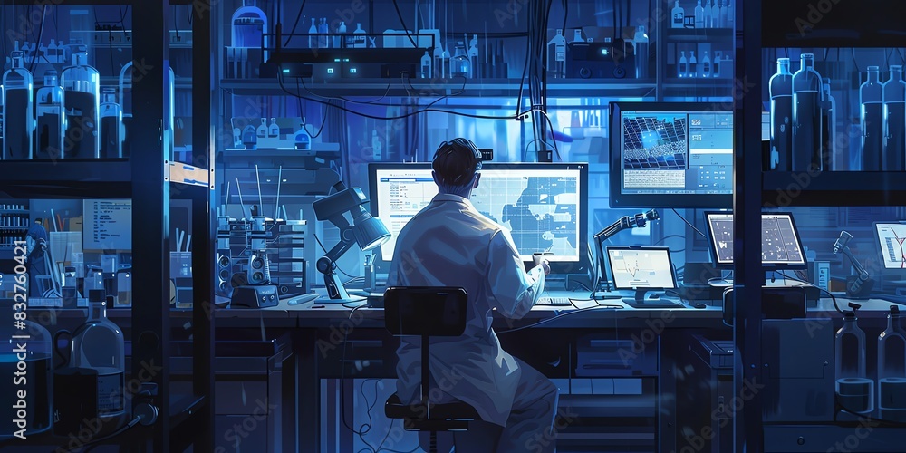 Scientist in the lab, back view, calibrating a gas chromatograph, modern laboratory equipment around Scientist in the lab, back view, calibrating a gas chromatograph, modern laboratory equipment around