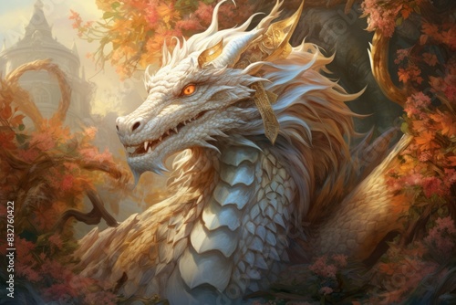 A wise and ancient dragon  with scales that shimmer in the sunlight and the power of ancient magic. - Generative AI