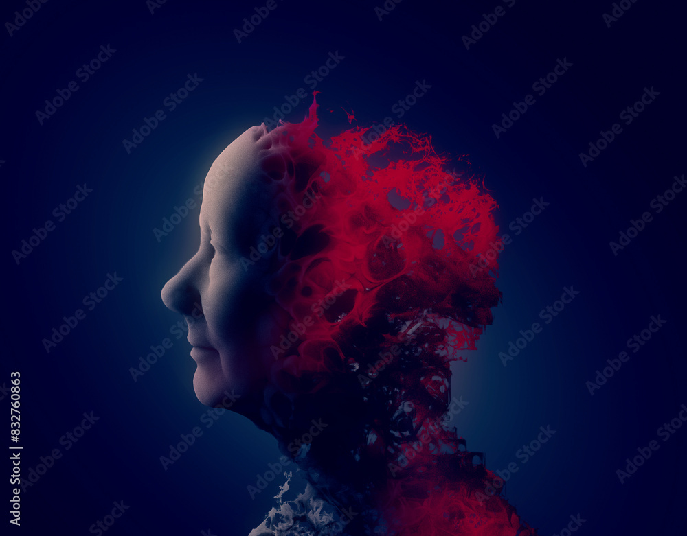 Face seen from the side. Old woman, degenerative disease. Brain degenerative diseases, Parkinson, synapses, neurons, Alzheimer's, illness, concept. 3d rendering Face seen from the side. Old woman, degenerative disease. Brain degenerative diseases, Parkinson, synapses, neurons, Alzheimer's, illness, concept. 3d rendering
