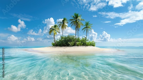 Fototapeta Naklejka Na Ścianę i Meble -  An example of a sandy tropical island with palm trees in the ocean