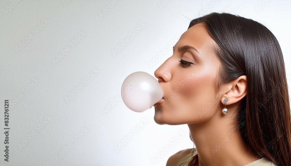 South American woman blowing gum; white background; space for text South American woman blowing gum; white background; space for text