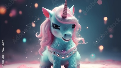 A beautiful unicorn in the studio. Cute unicorn with sequins. unicorn with horn in forehead. Unicorn portrait in studio. Glamorous unicorn. 