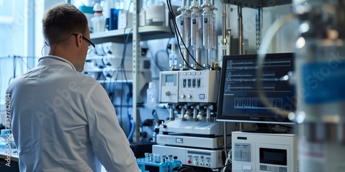 Scientist in the lab, back view, calibrating a gas chromatograph, modern laboratory equipment around
