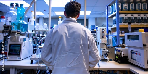 Scientist in the lab, back view, calibrating a gas chromatograph, modern laboratory equipment around