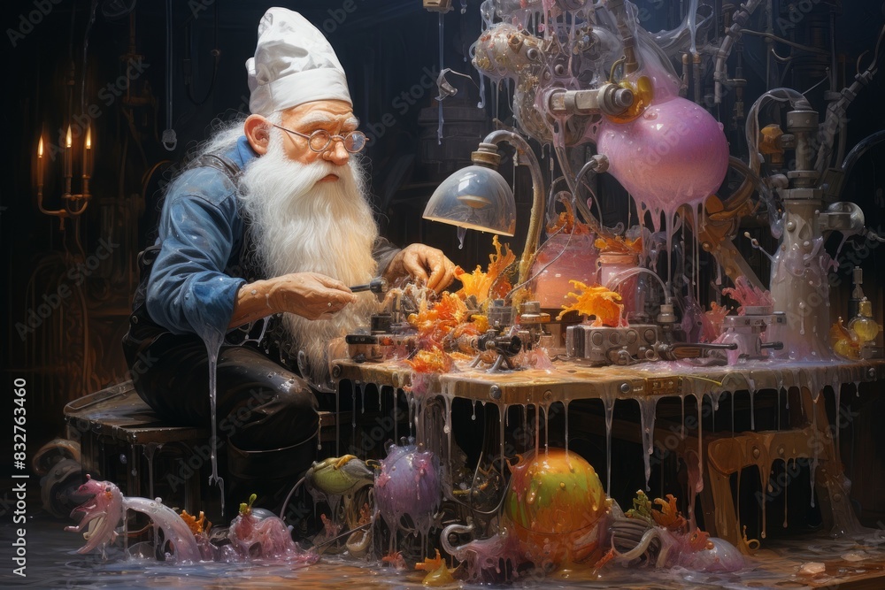 Naklejka premium A quick-witted gnome inventor, creating ingenious gadgets and contraptions to overcome challenges. - Generative AI