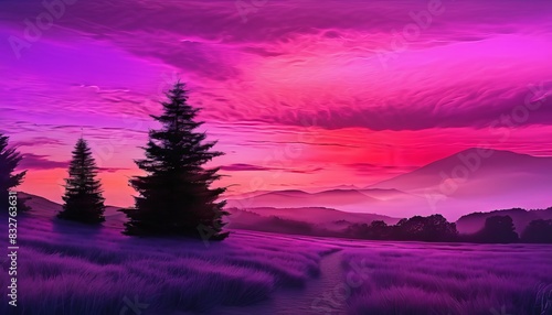 Surreal landscape of a purple sunset over mountains with silhouettes of pine trees and misty valleys  evoking a dreamy and mystical atmosphere.. AI Generation