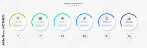 Horizontal progress bar featuring 6 arrow-shaped elements, symbolizing the six stages of business strategy and progression. Clean timeline infographic design template. Vector for presentation