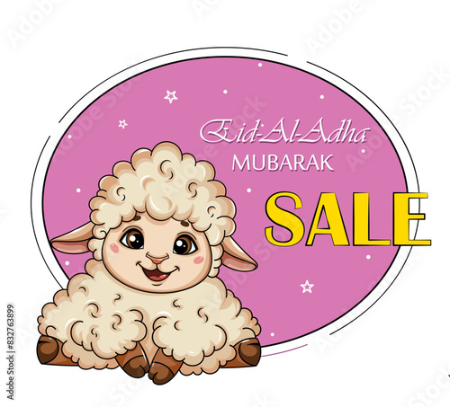 Eid al-Adha Mubarak. Funny cartoon character ram